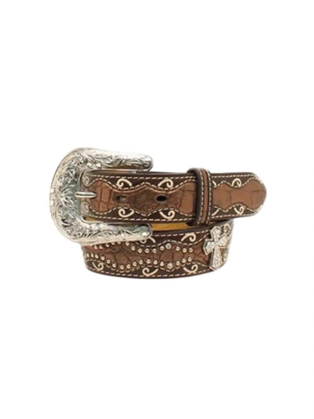 Ariat Girls Western Leather Belt Size 20 Brown Tooled Cross Concho Silver Buckle